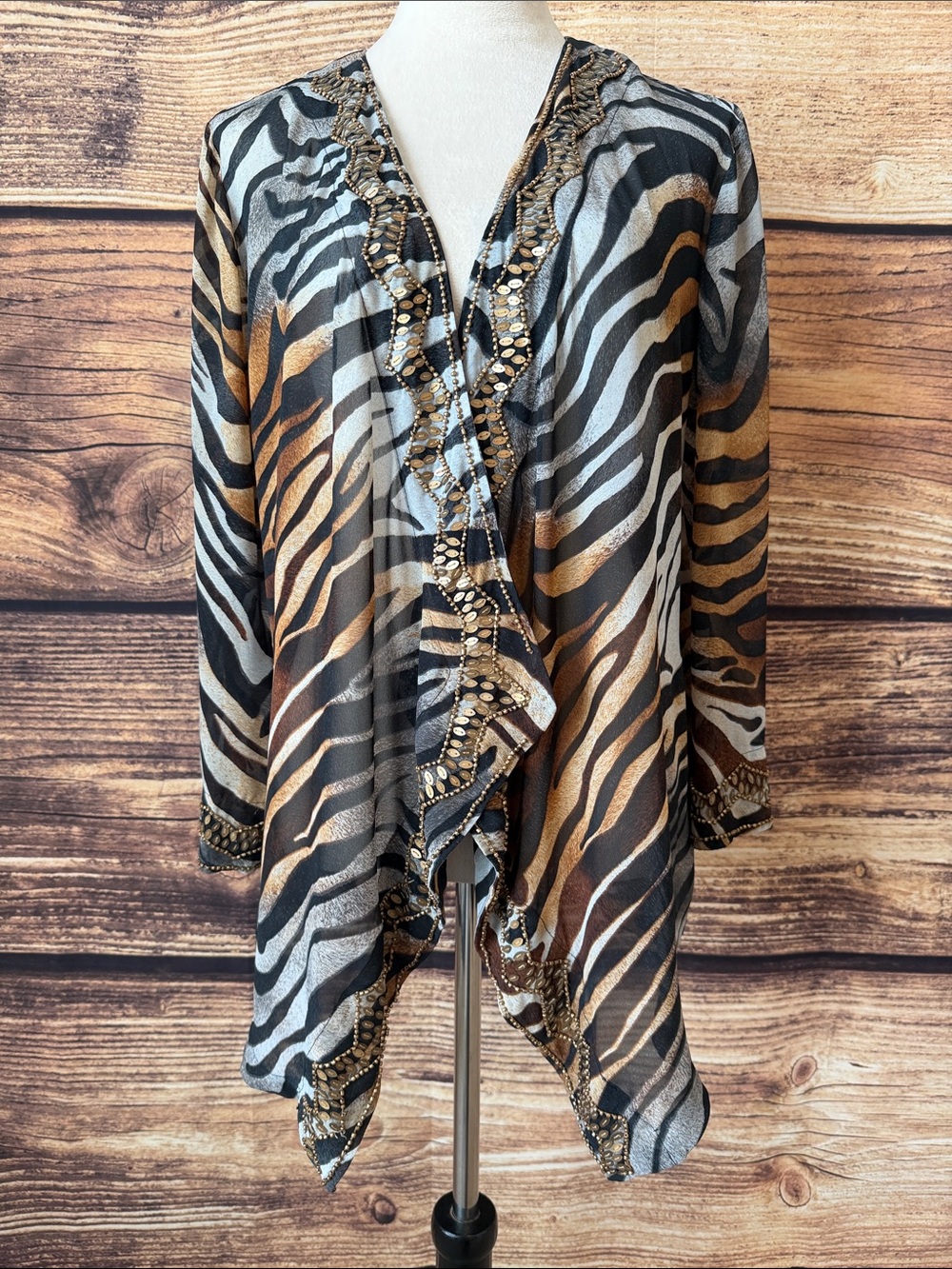 Chico's Zebra-Print Beaded Open-Front Cardigan in Black, Brown & Cream